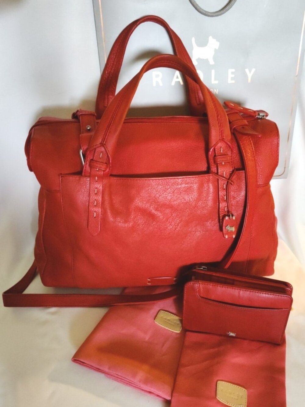 Radley Leather Slouchy Pocket Bag and Matching Wallet in Dark Coral Orange, GUC